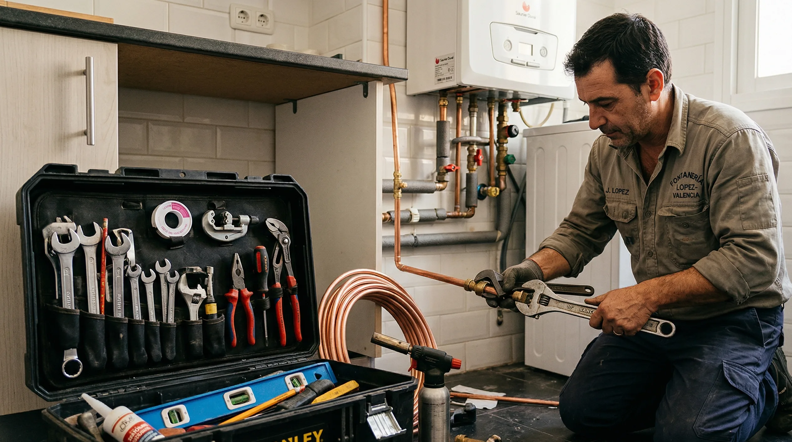 Fontanero profesional con herramientas y caldera en Albacete