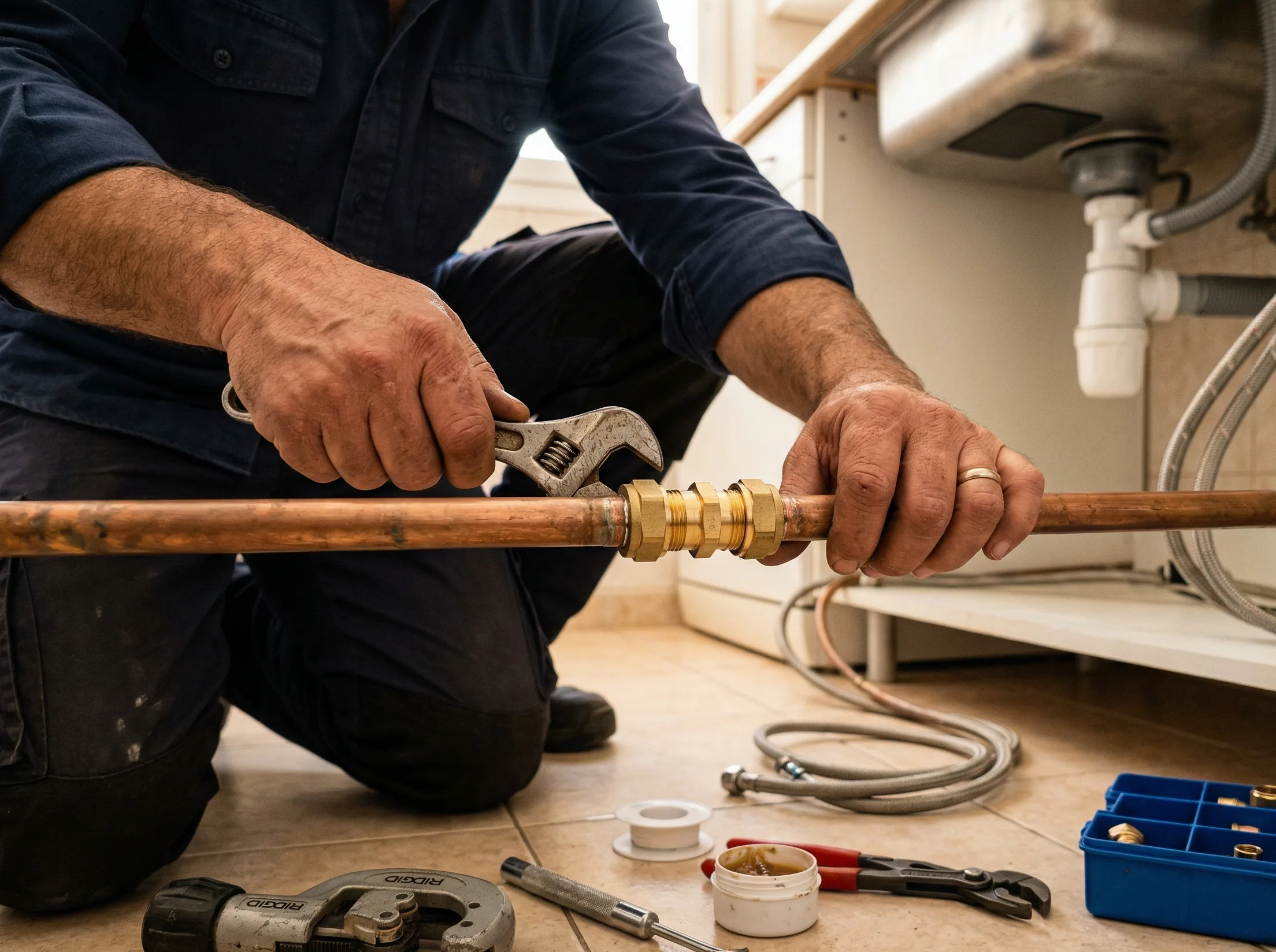Reparación de fugas de agua en Albacete - fontanero con llave inglesa
